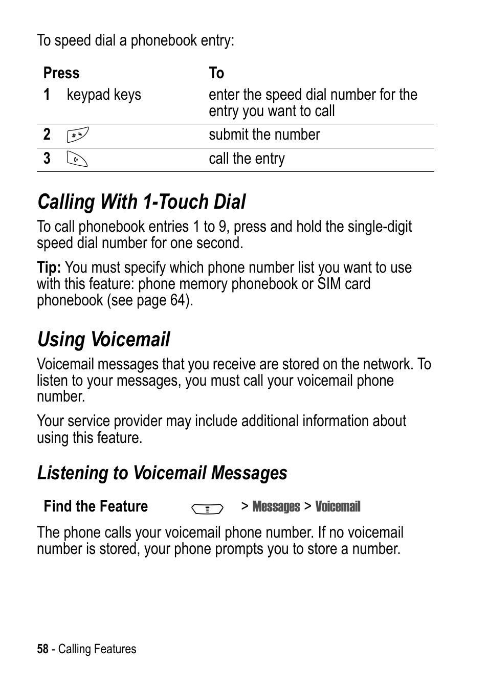 Calling with 1-touch dial, Using voicemail, Listening to voicemail messages | Motorola C390 User Manual | Page 58 / 86