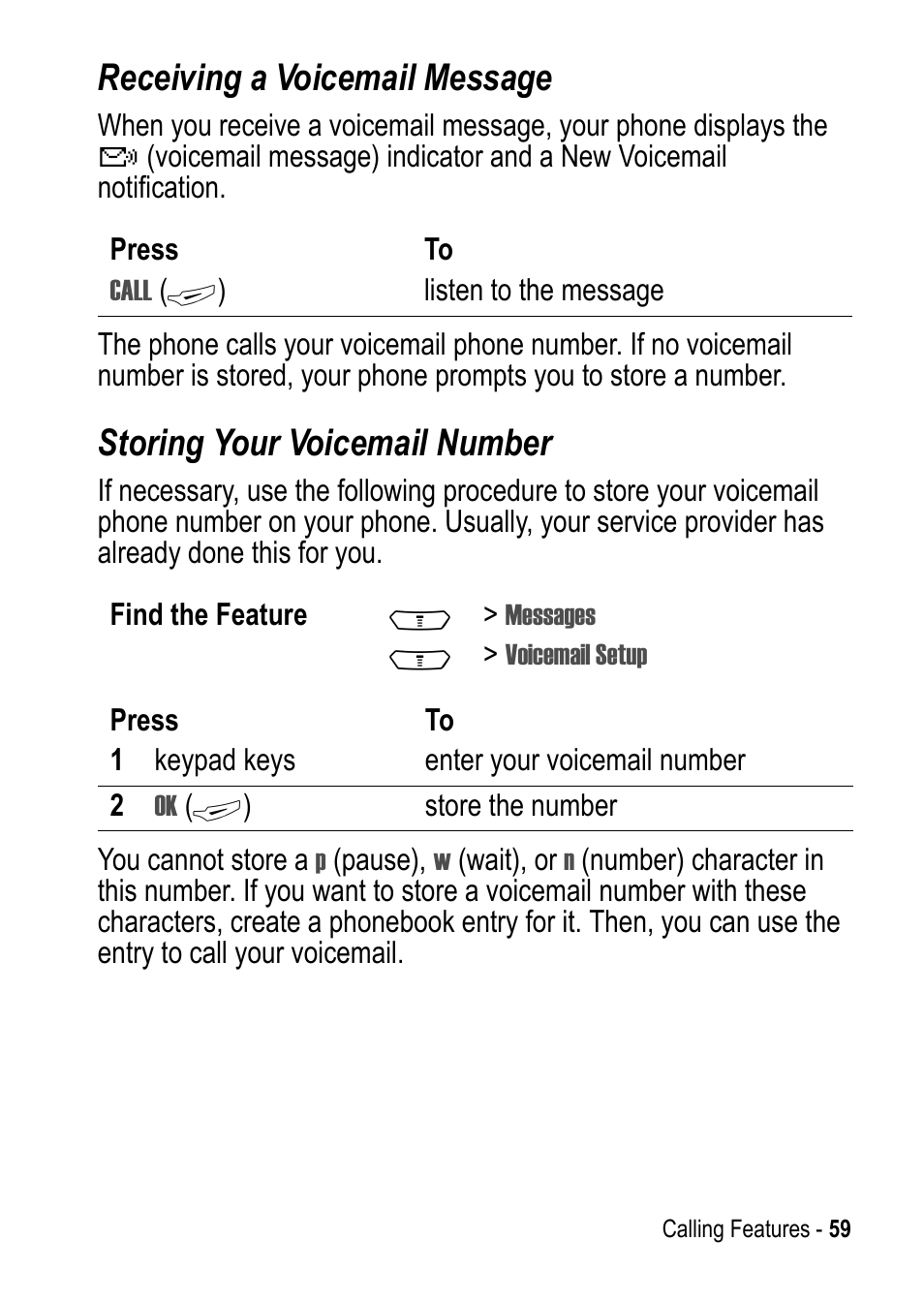 Receiving a voicemail message, Storing your voicemail number | Motorola C390 User Manual | Page 59 / 86