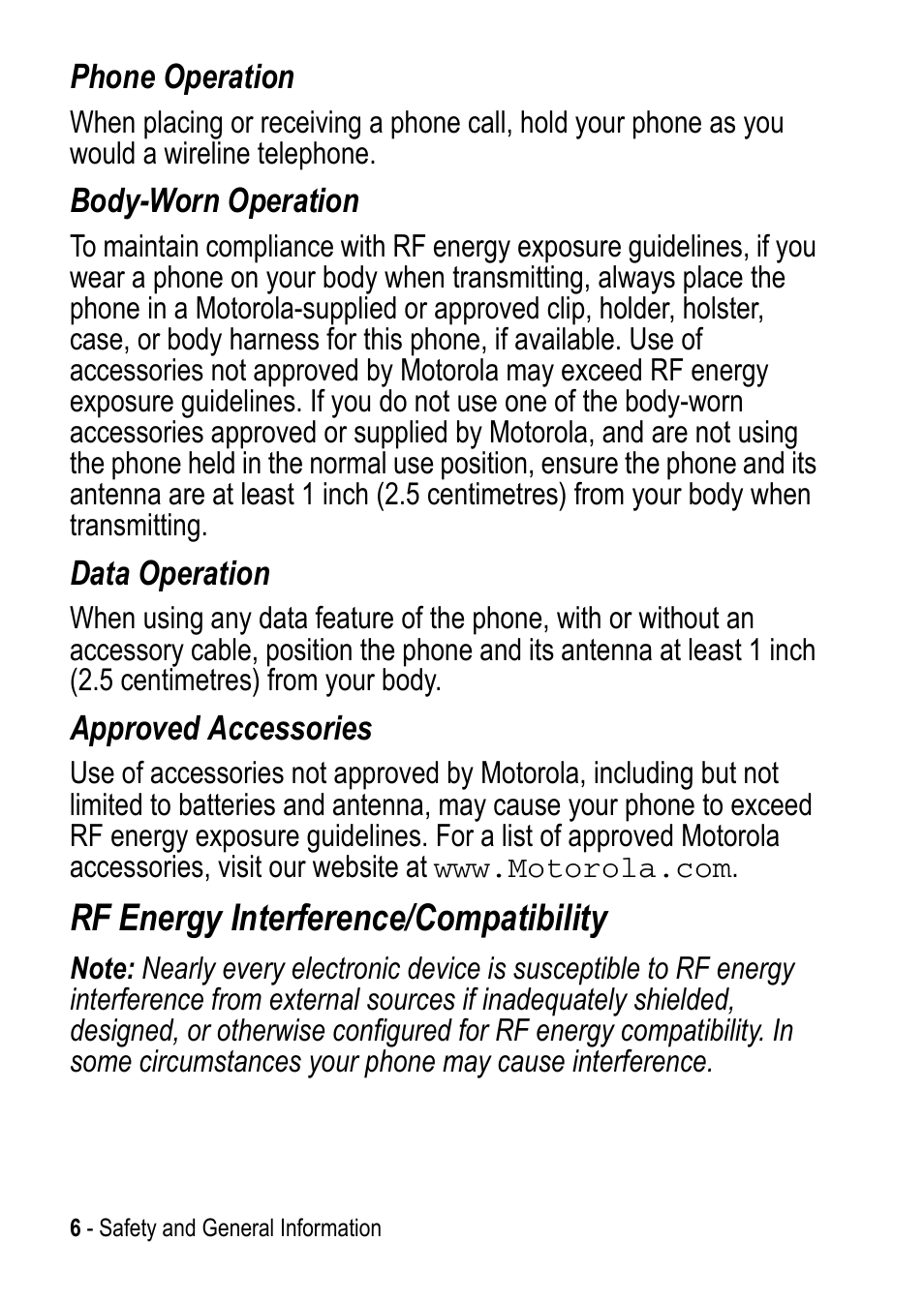 Rf energy interference/compatibility | Motorola C390 User Manual | Page 6 / 86