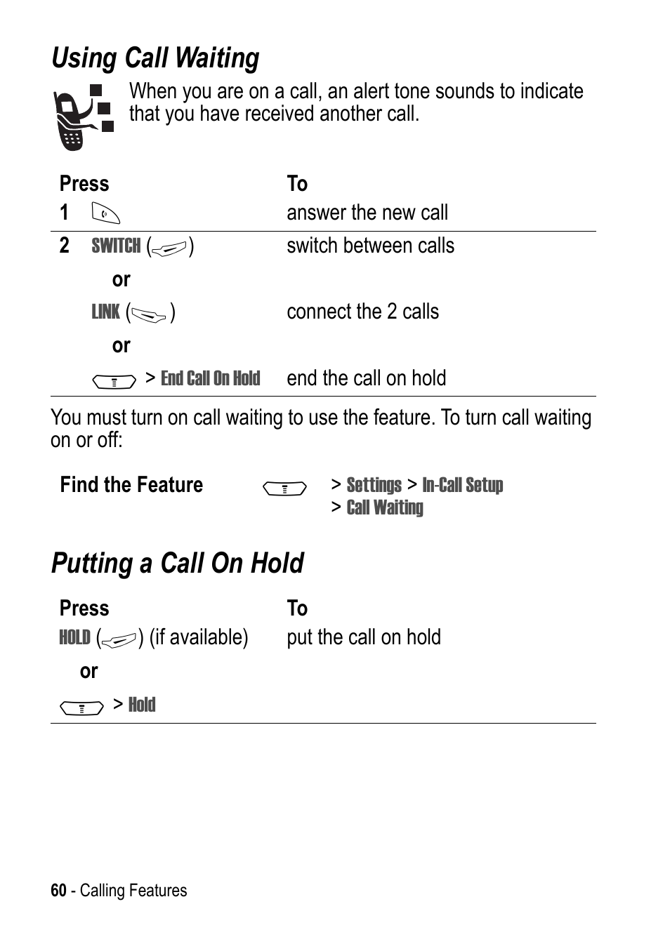 Using call waiting, Putting a call on hold | Motorola C390 User Manual | Page 60 / 86