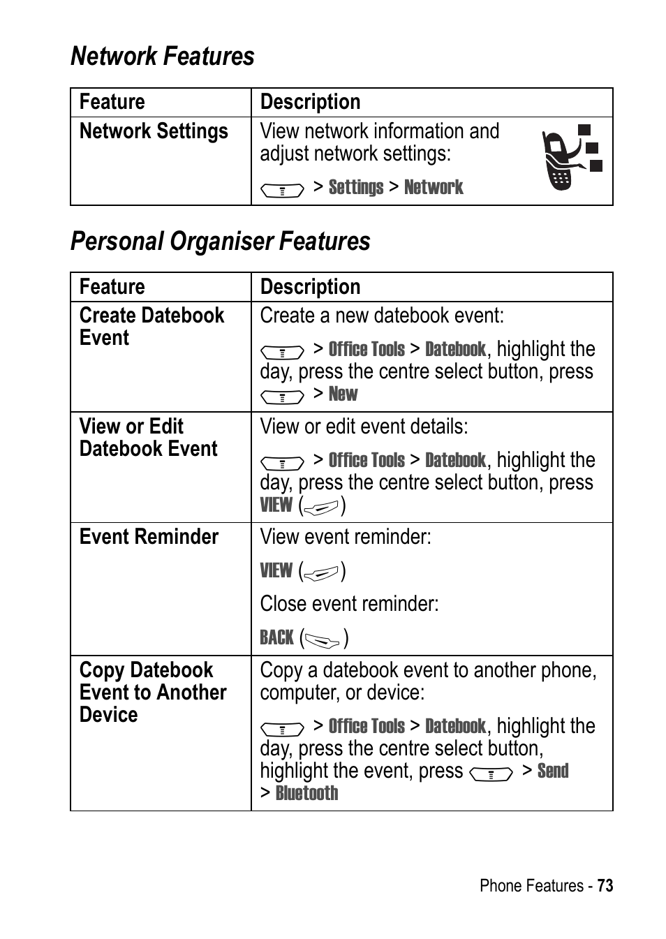 Network features personal organiser features | Motorola C390 User Manual | Page 73 / 86