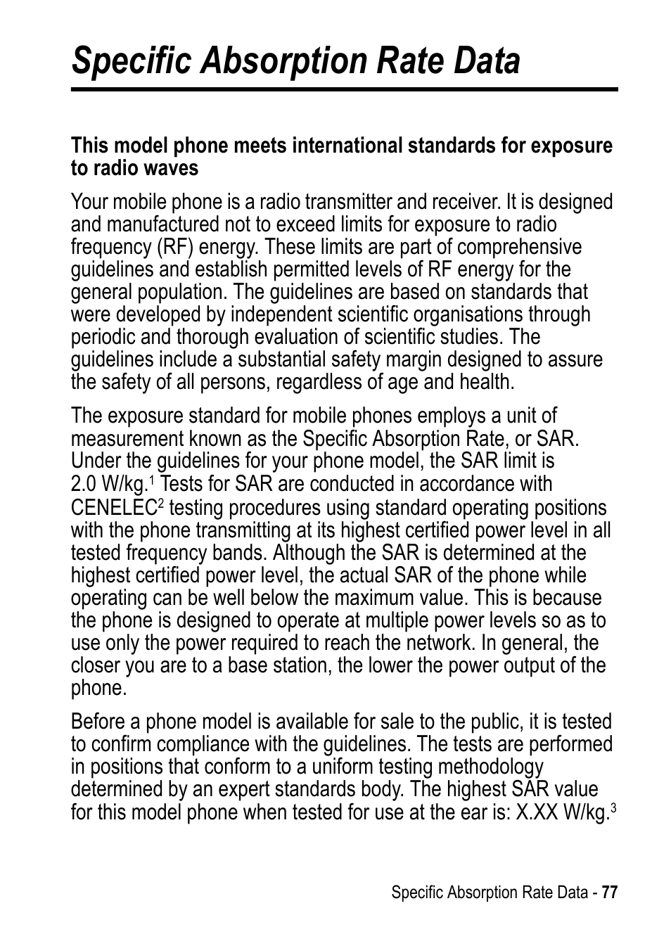 Specific absorption rate data | Motorola C390 User Manual | Page 77 / 86