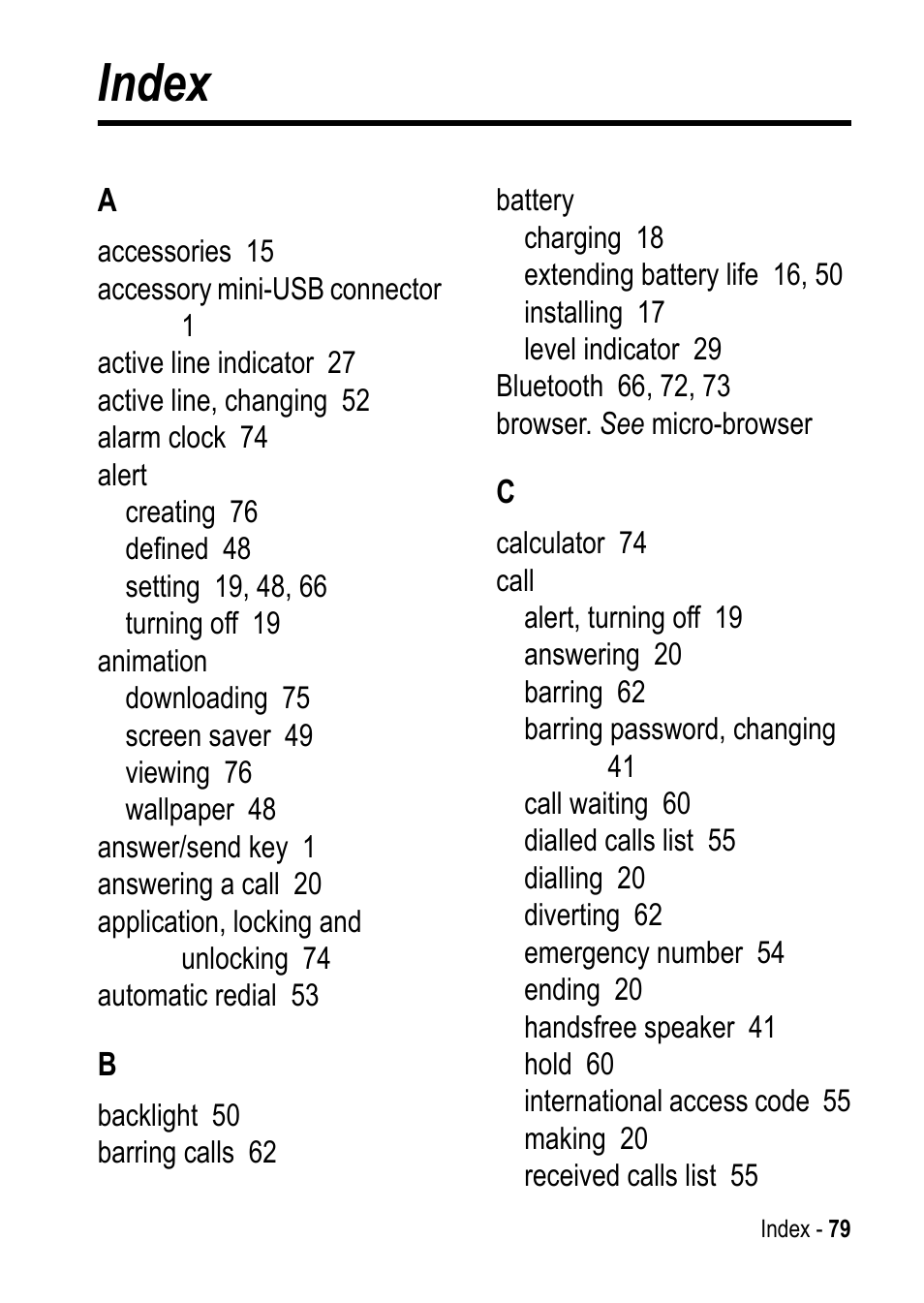 Index | Motorola C390 User Manual | Page 79 / 86