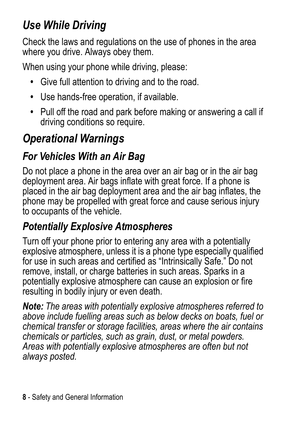 Use while driving, Operational warnings | Motorola C390 User Manual | Page 8 / 86