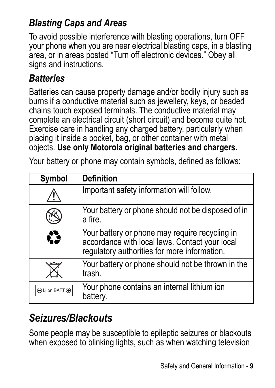 Seizures/blackouts | Motorola C390 User Manual | Page 9 / 86