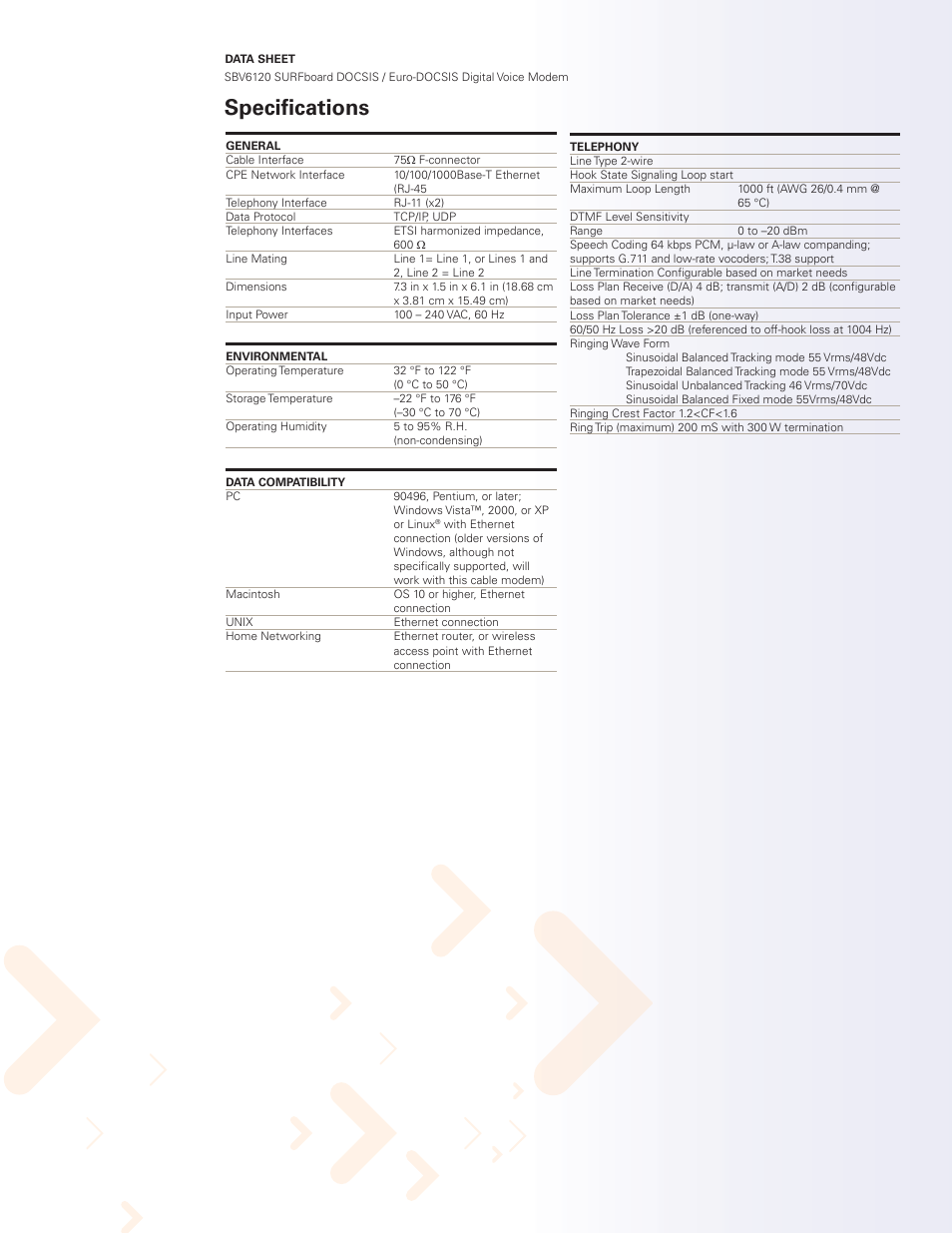 Specifications | Motorola SBV6120 User Manual | Page 3 / 4
