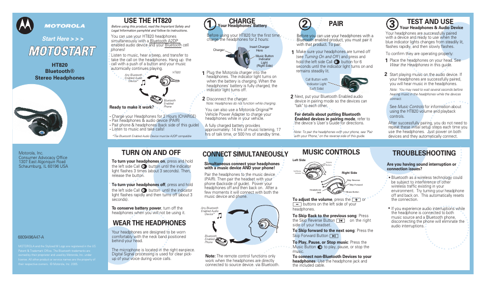 Motorola HT820 Bluetooth Stereo Headphones 6809496A47-A User Manual | 2 pages