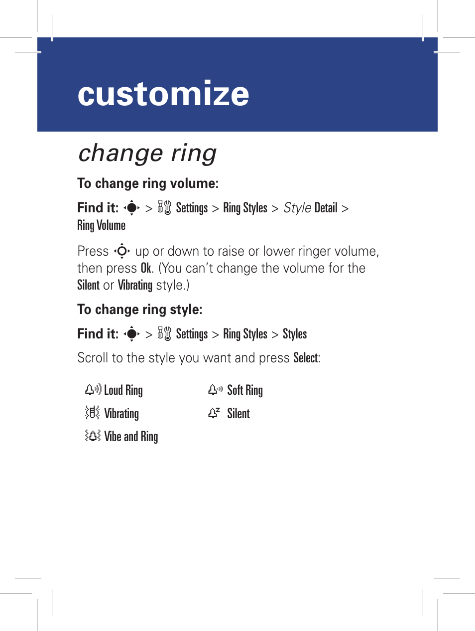 Customize, Change ring | Motorola YOUR PHONE W360 User Manual | Page 11 / 39