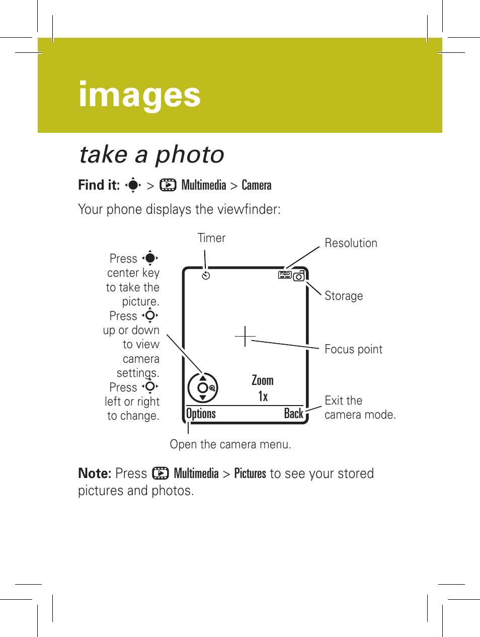 Images, Take a photo | Motorola YOUR PHONE W360 User Manual | Page 14 / 39