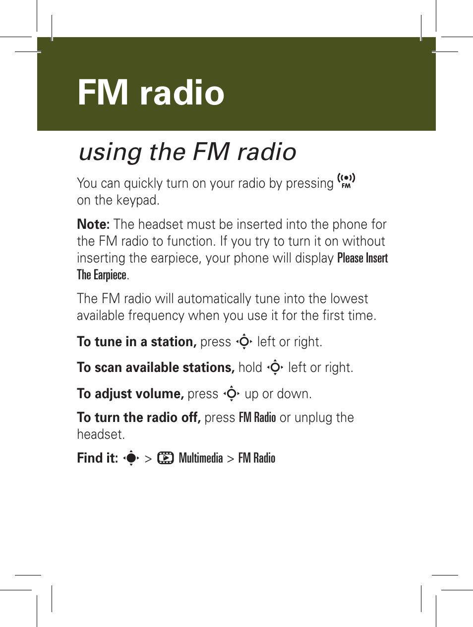 Fm radio, Using the fm radio | Motorola YOUR PHONE W360 User Manual | Page 15 / 39