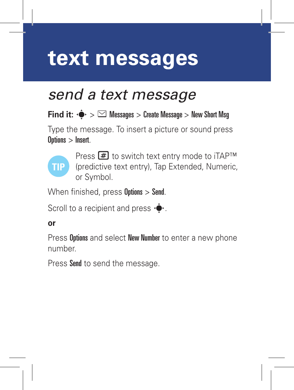 Text messages, Send a text message | Motorola YOUR PHONE W360 User Manual | Page 17 / 39