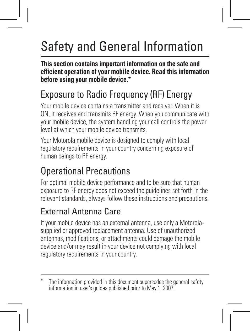 Safety and general information, Exposure to radio frequency (rf) energy, Operational precautions | Motorola YOUR PHONE W360 User Manual | Page 24 / 39