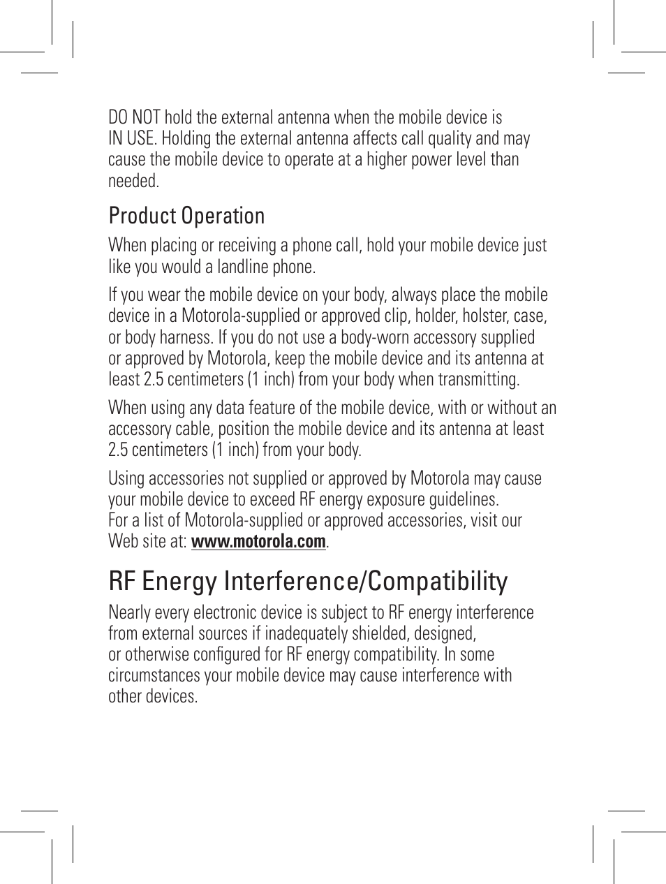 Rf energy interference/compatibility | Motorola YOUR PHONE W360 User Manual | Page 25 / 39