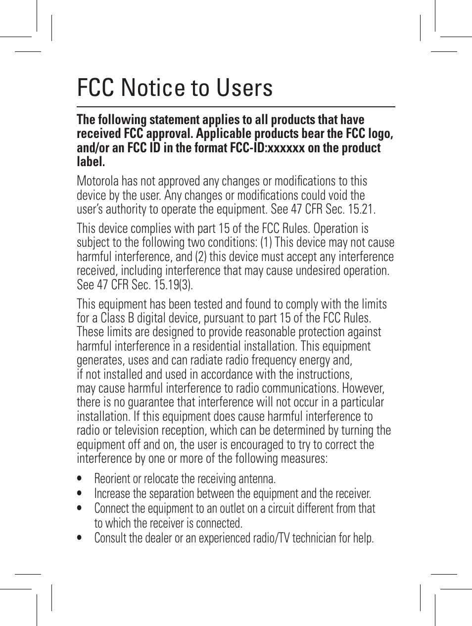 Fcc notice to users | Motorola YOUR PHONE W360 User Manual | Page 31 / 39