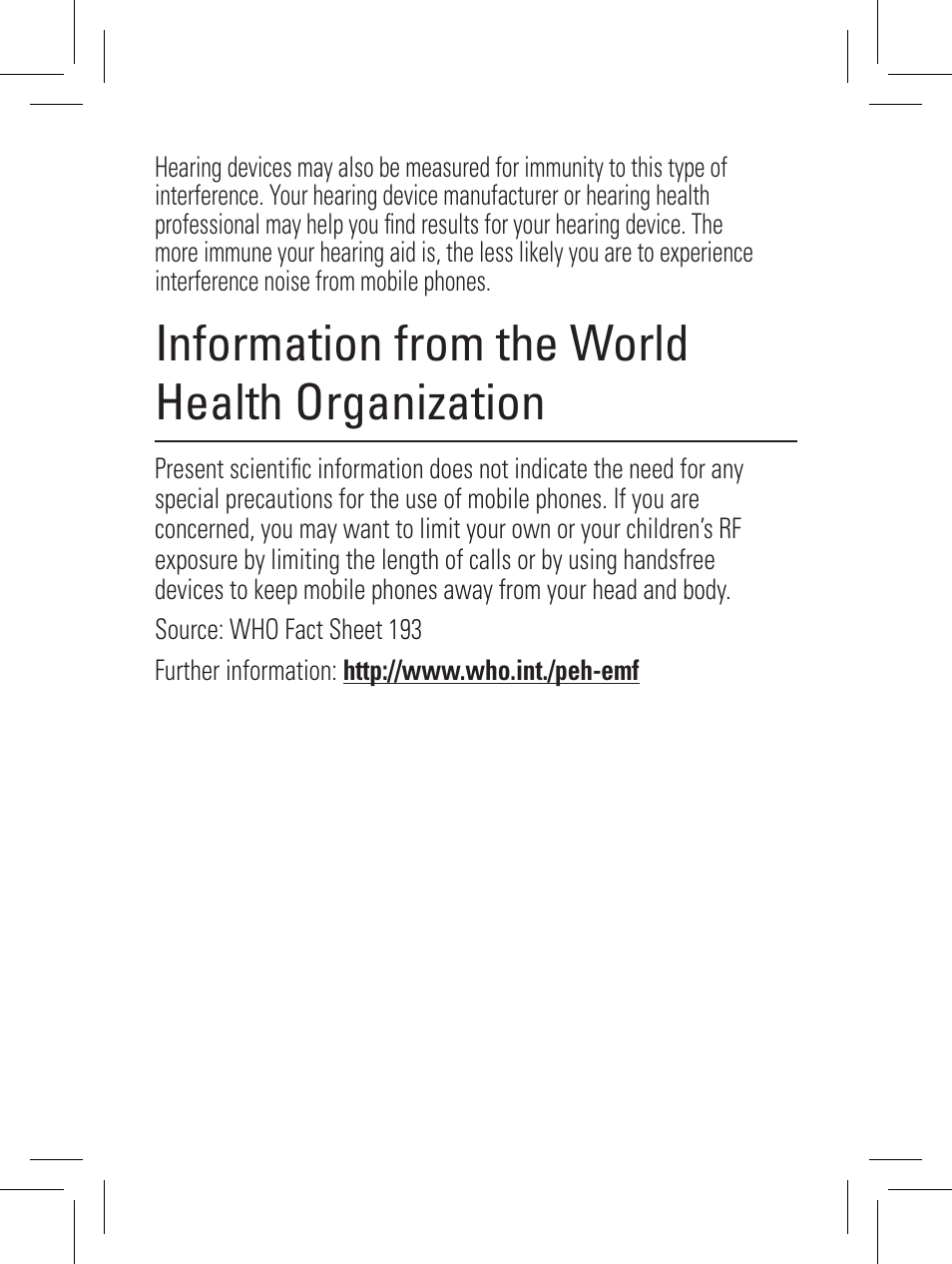 Information from the world health organization | Motorola YOUR PHONE W360 User Manual | Page 33 / 39