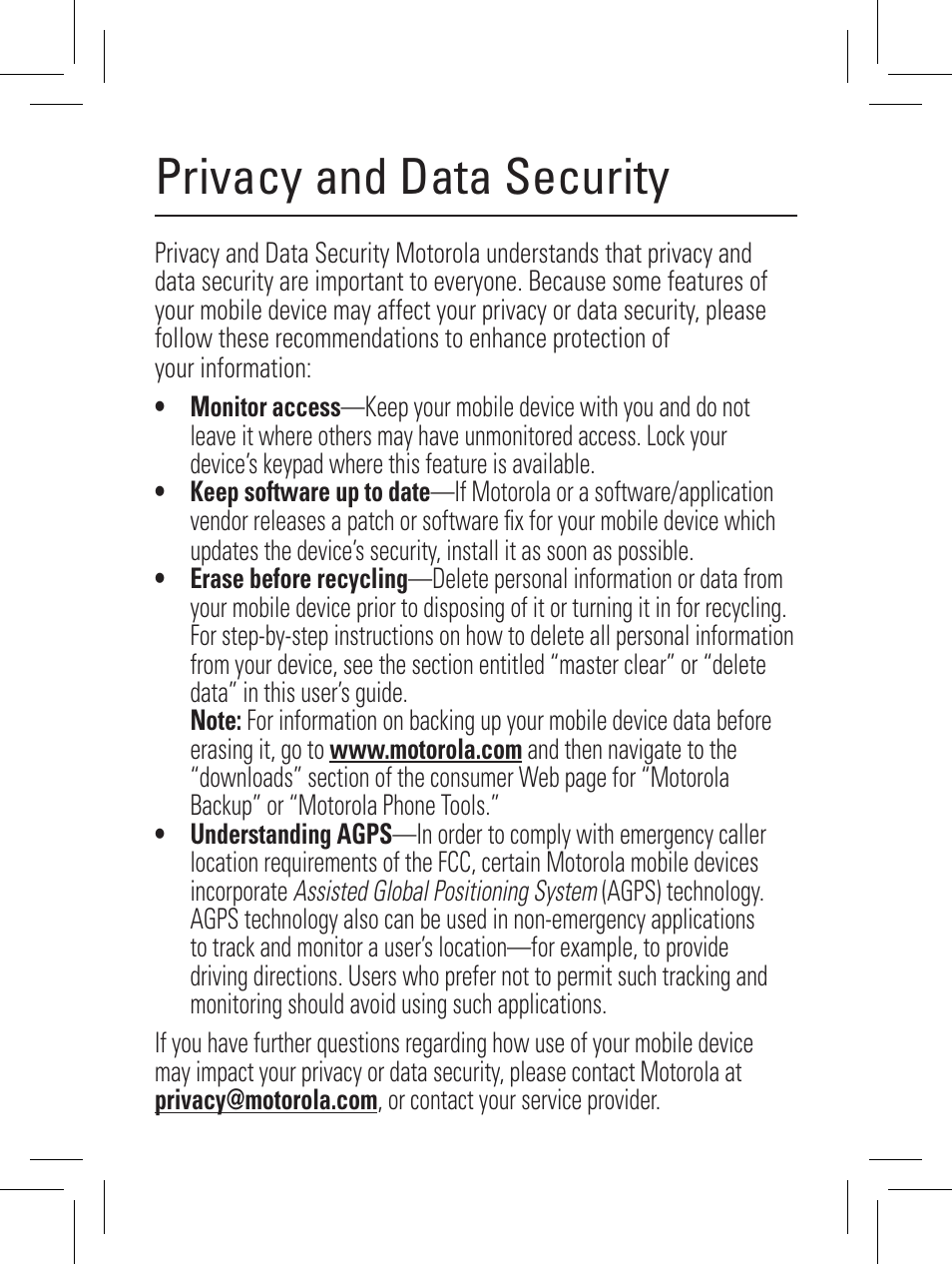 Privacy and data security | Motorola YOUR PHONE W360 User Manual | Page 35 / 39