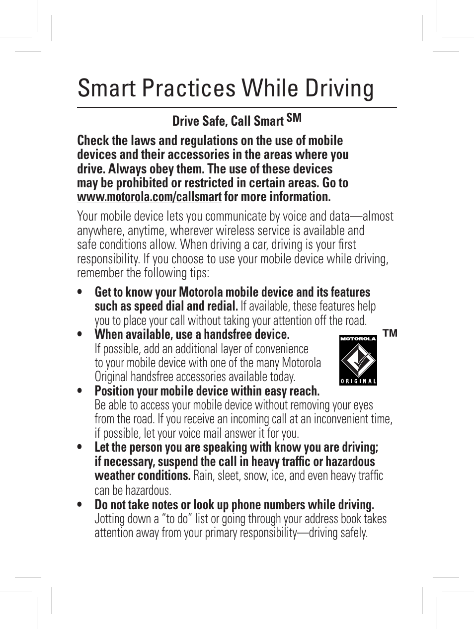 Smart practices while driving | Motorola YOUR PHONE W360 User Manual | Page 36 / 39