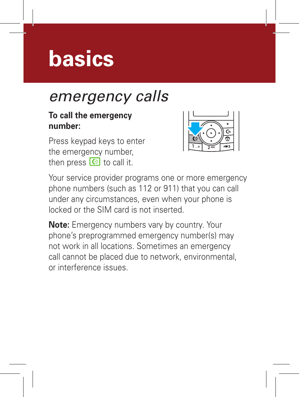 Basics, Emergency calls | Motorola YOUR PHONE W360 User Manual | Page 7 / 39