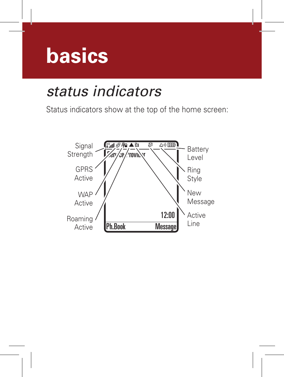 Basics, Status indicators | Motorola YOUR PHONE W360 User Manual | Page 9 / 39