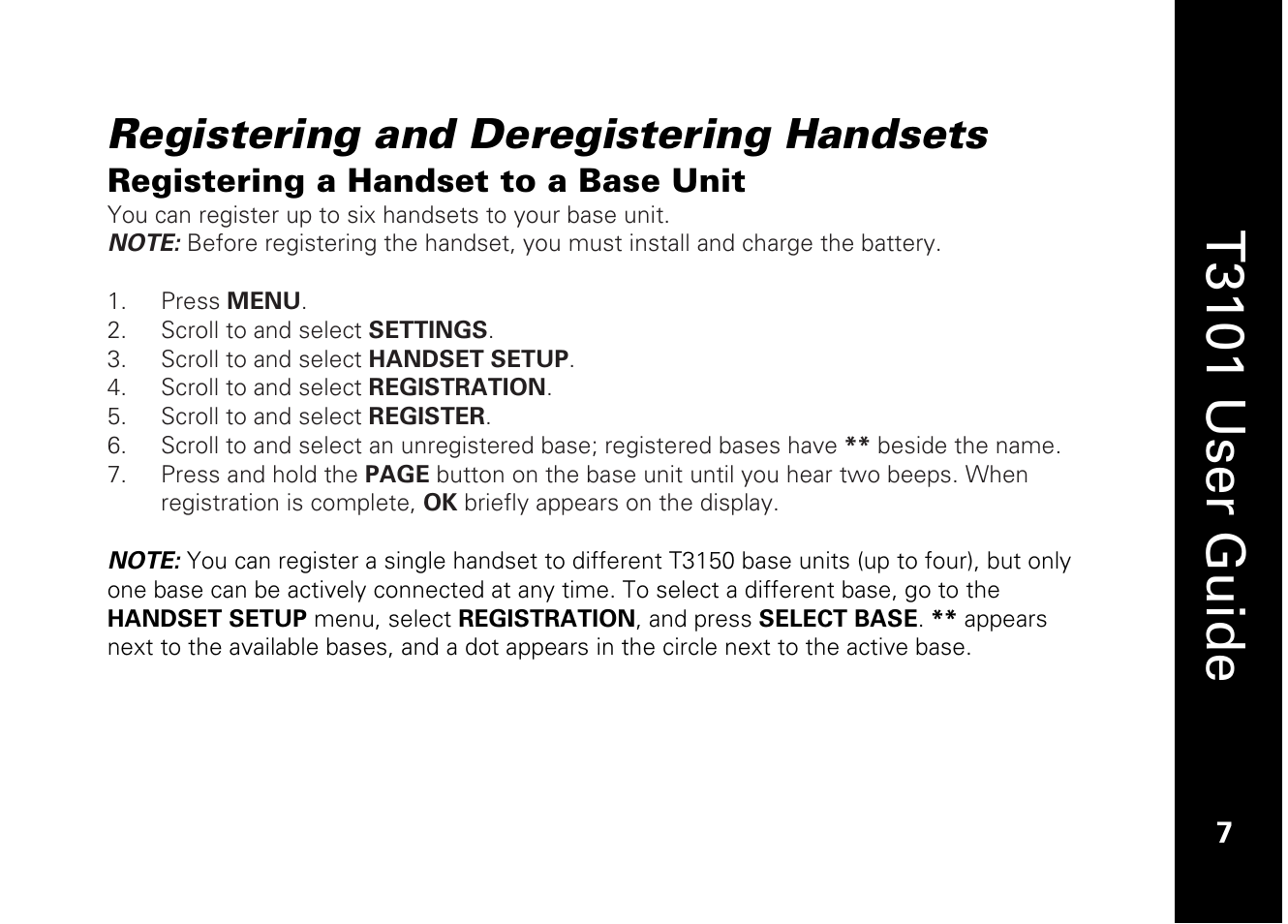 T3101 user guide, Registering and deregistering handsets, Registering a handset to a base unit | Motorola T3101 User Manual | Page 21 / 60