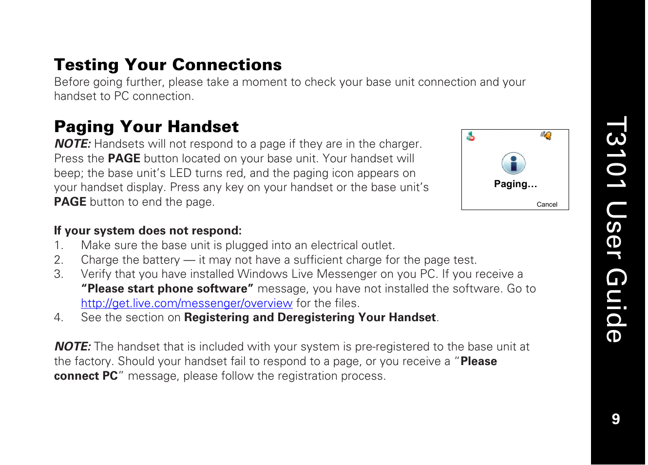 T3101 user guide, Testing your connections, Paging your handset | Motorola T3101 User Manual | Page 23 / 60