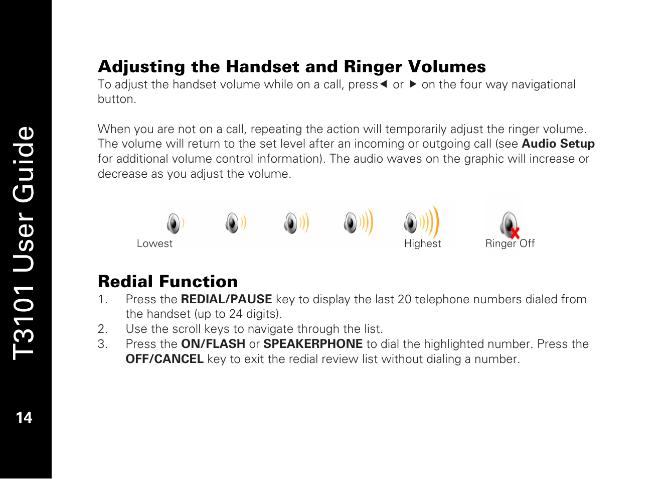 T3101 user guide, Adjusting the handset and ringer volumes, Redial function | Motorola T3101 User Manual | Page 28 / 60