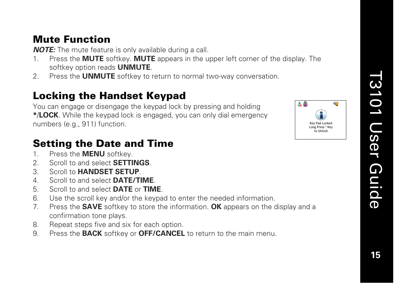 T3101 user guide, Mute function, Locking the handset keypad | Setting the date and time | Motorola T3101 User Manual | Page 29 / 60