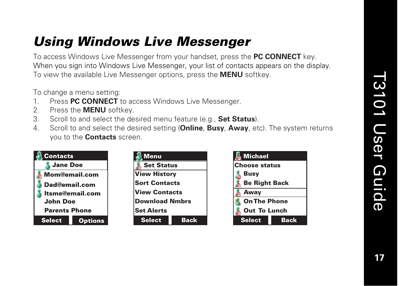 T3101 user guide, Using windows live messenger | Motorola T3101 User Manual | Page 31 / 60