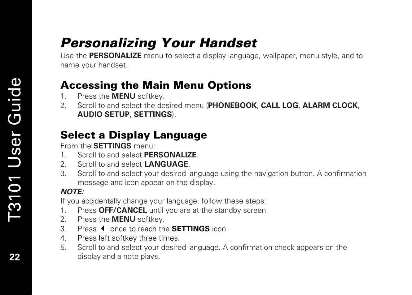 T3101 user guide, Personalizing your handset, Accessing the main menu options | Select a display language | Motorola T3101 User Manual | Page 36 / 60