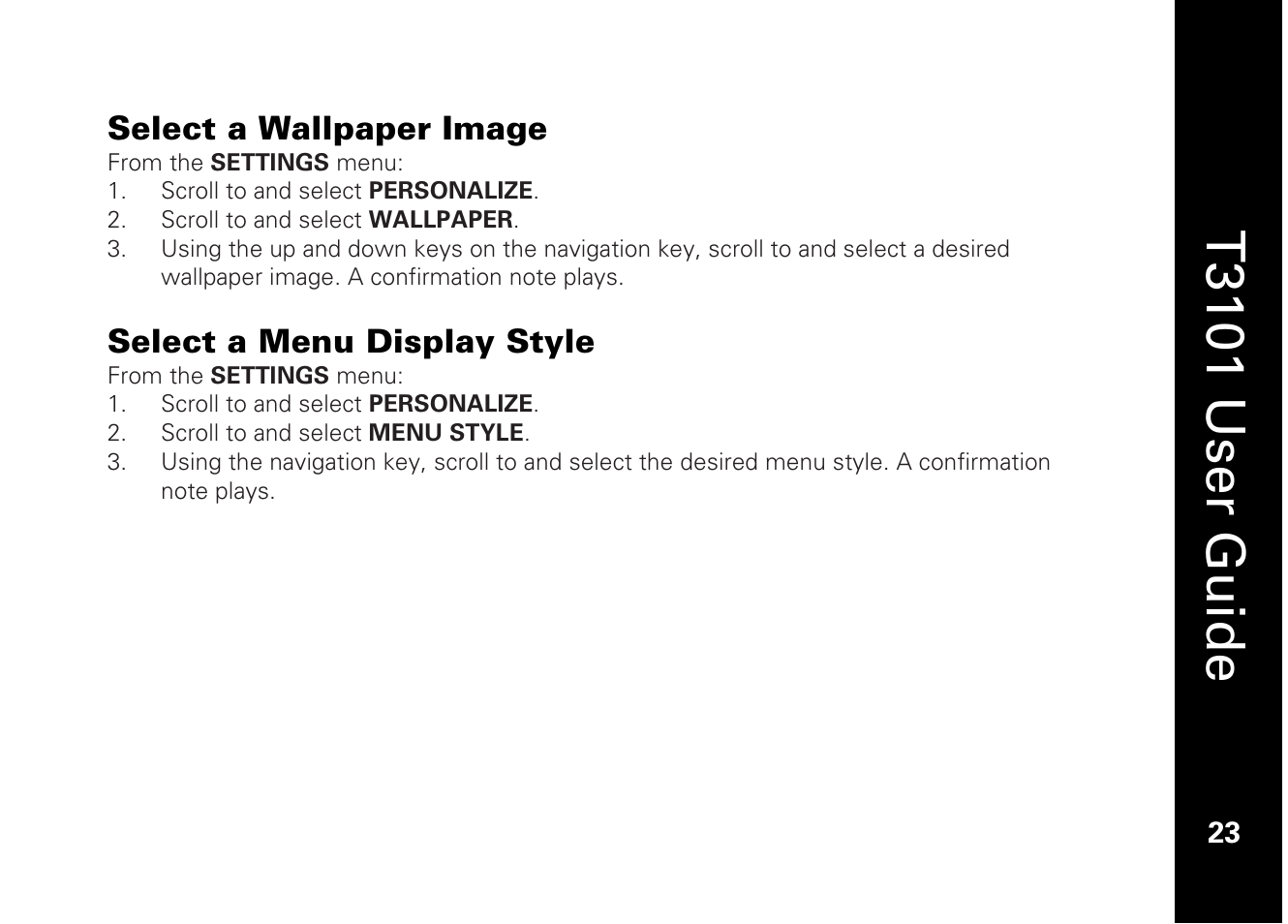 T3101 user guide, Select a wallpaper image, Select a menu display style | Motorola T3101 User Manual | Page 37 / 60