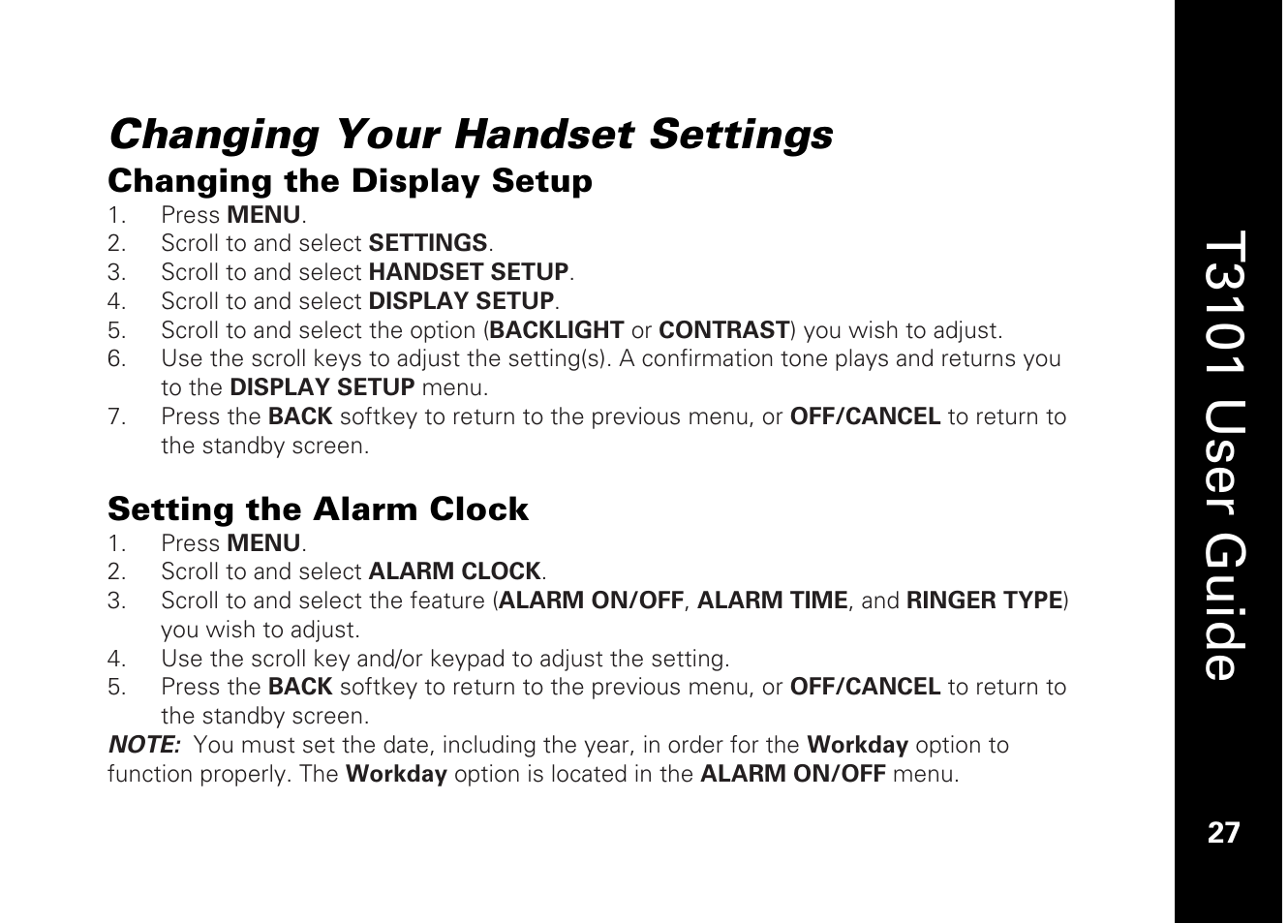 T3101 user guide, Changing your handset settings, Changing the display setup | Setting the alarm clock | Motorola T3101 User Manual | Page 41 / 60