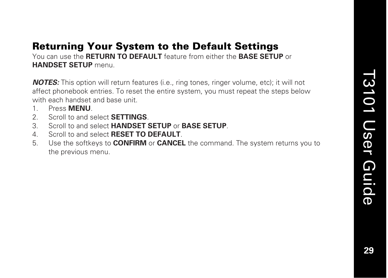 T3101 user guide, Returning your system to the default settings | Motorola T3101 User Manual | Page 43 / 60