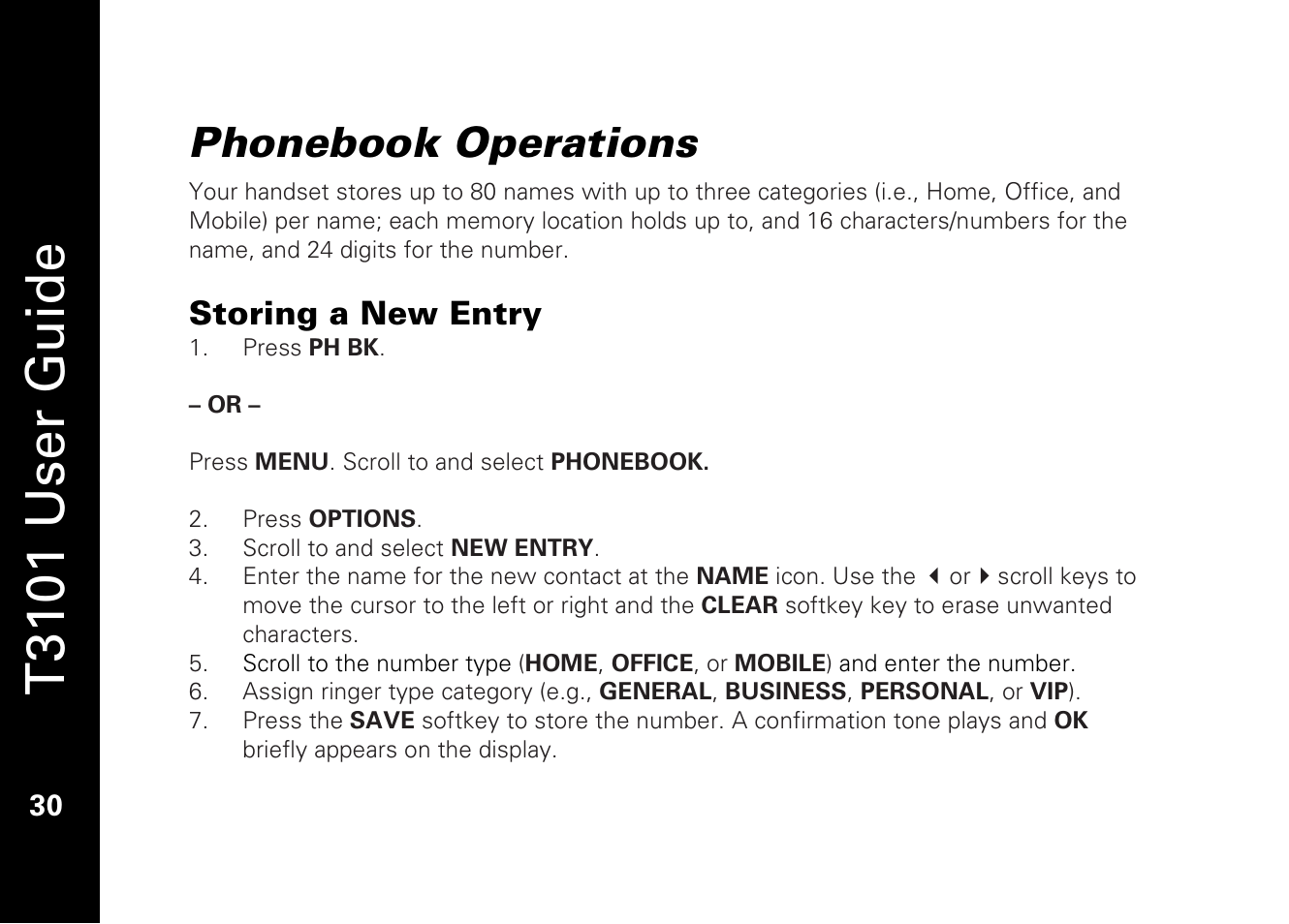 T3101 user guide, Phonebook operations, Storing a new entry | Motorola T3101 User Manual | Page 44 / 60