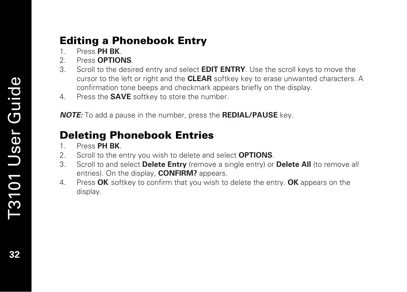 T3101 user guide, Editing a phonebook entry, Deleting phonebook entries | Motorola T3101 User Manual | Page 46 / 60
