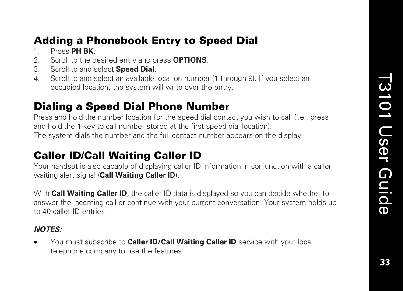 T3101 user guide, Adding a phonebook entry to speed dial, Dialing a speed dial phone number | Caller id/call waiting caller id | Motorola T3101 User Manual | Page 47 / 60