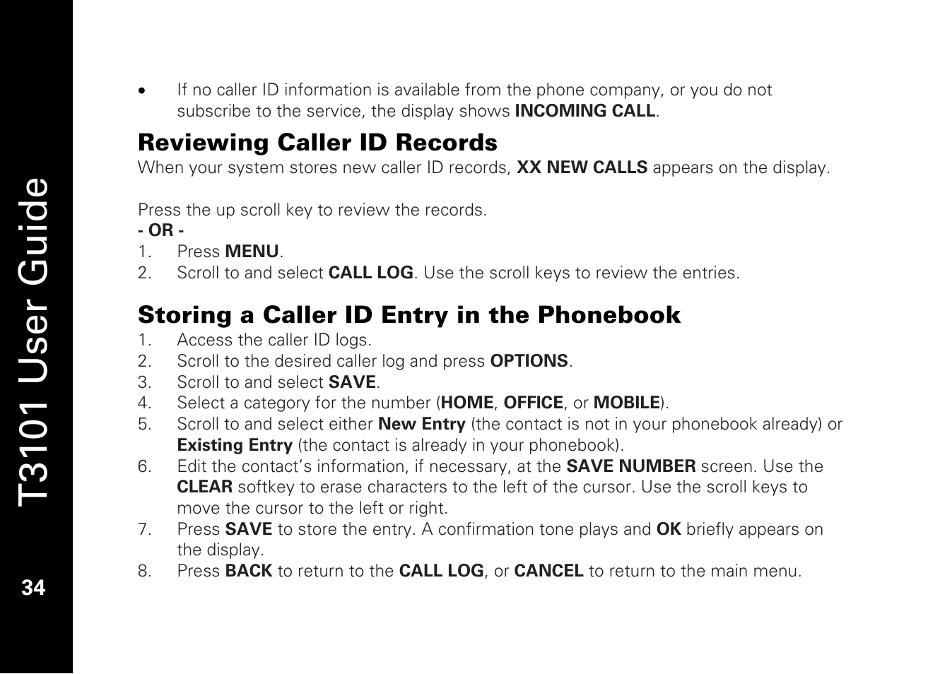 T3101 user guide, Reviewing caller id records, Storing a caller id entry in the phonebook | Motorola T3101 User Manual | Page 48 / 60