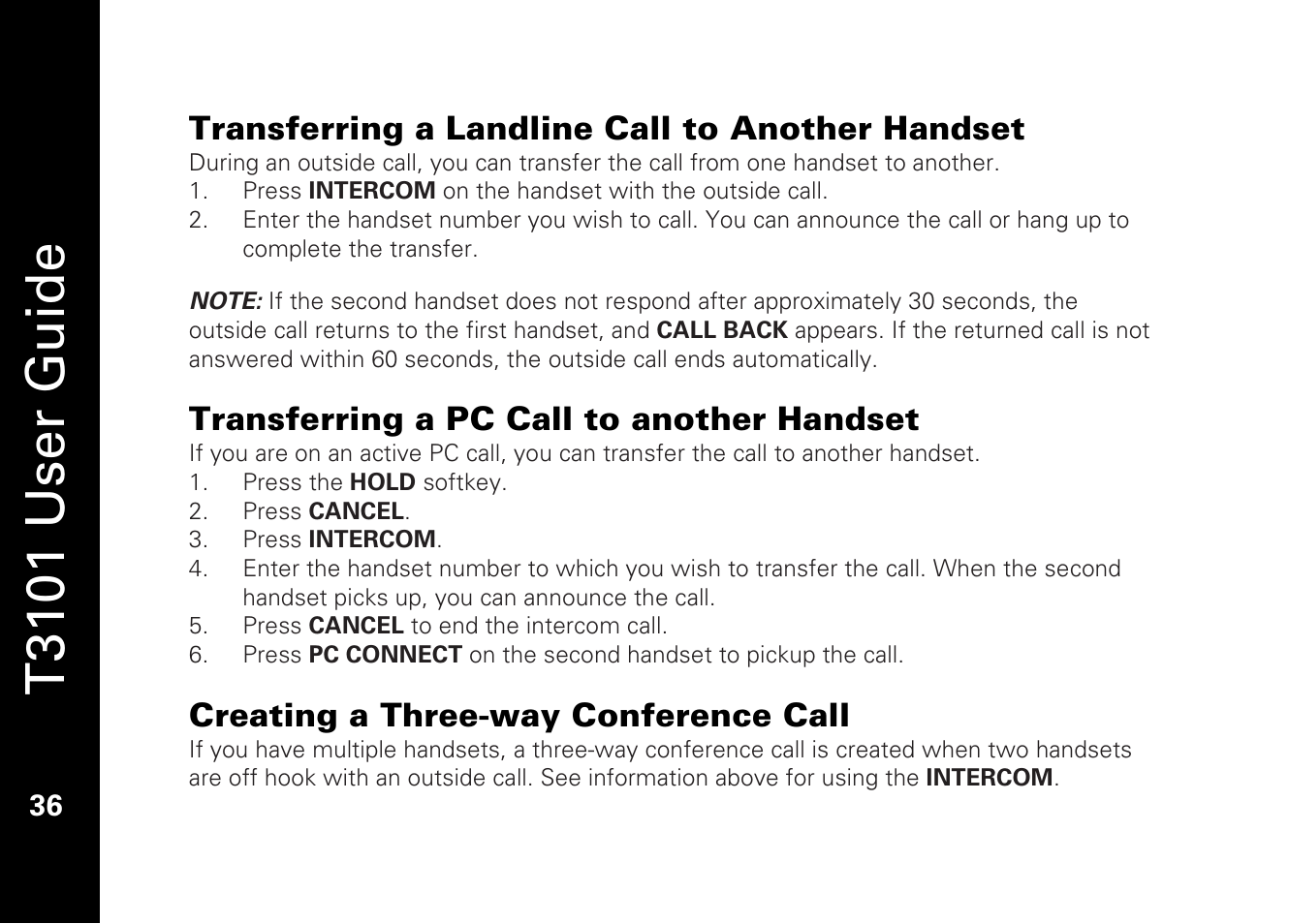 T3101 user guide, Transferring a landline call to another handset, Transferring a pc call to another handset | Creating a three-way conference call | Motorola T3101 User Manual | Page 50 / 60