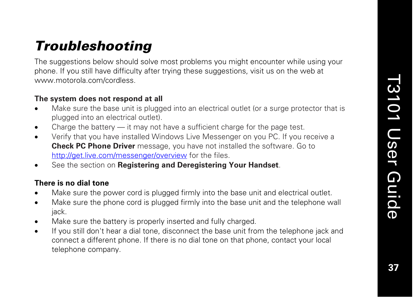T3101 user guide, Troubleshooting | Motorola T3101 User Manual | Page 51 / 60