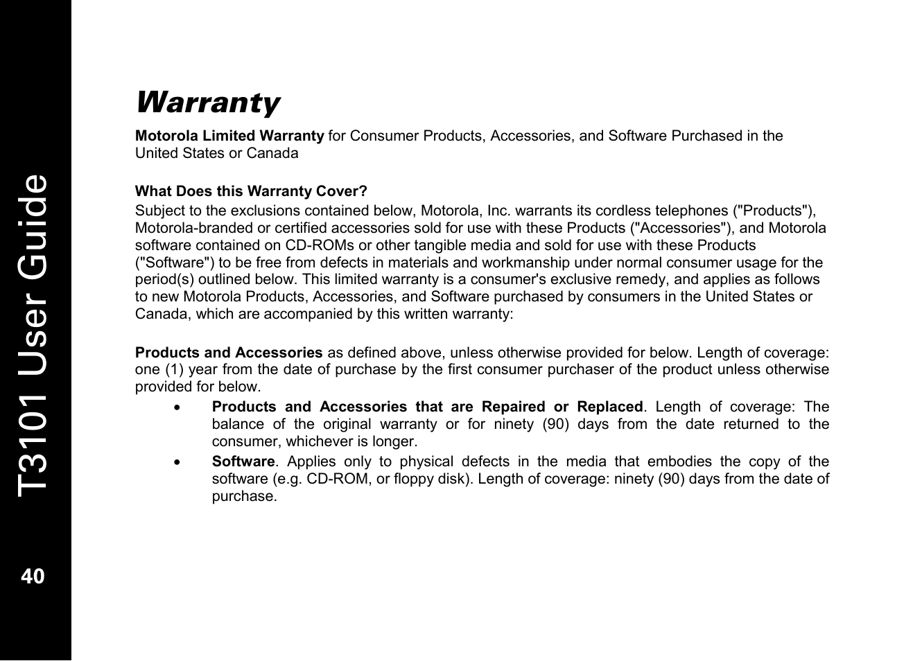 T3101 user guide, Warranty | Motorola T3101 User Manual | Page 54 / 60