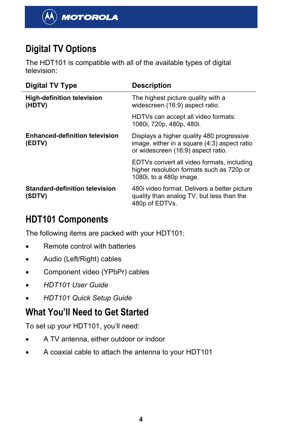 Digital tv options, Hdt101 components, What you’ll need to get started | Motorola HDT101 User Manual | Page 10 / 54