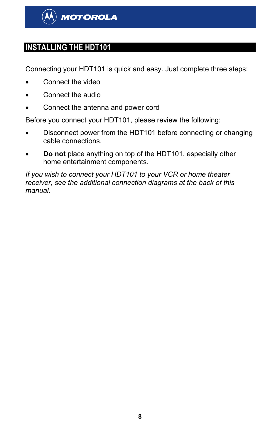 Installing the hdt101 | Motorola HDT101 User Manual | Page 14 / 54