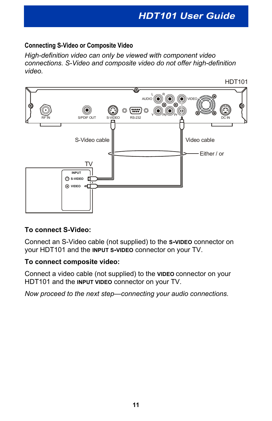 Connecting s-video or composite video, Connector on your hdt101 and the | Motorola HDT101 User Manual | Page 17 / 54