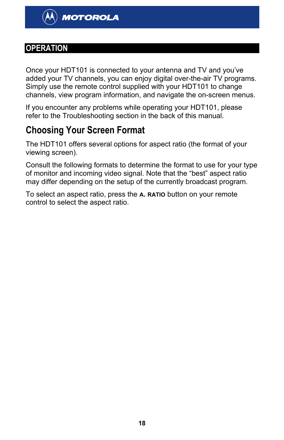 Operation, Choosing your screen format | Motorola HDT101 User Manual | Page 24 / 54