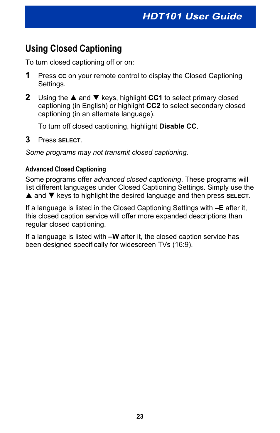 Using closed captioning, Advanced closed captioning | Motorola HDT101 User Manual | Page 29 / 54