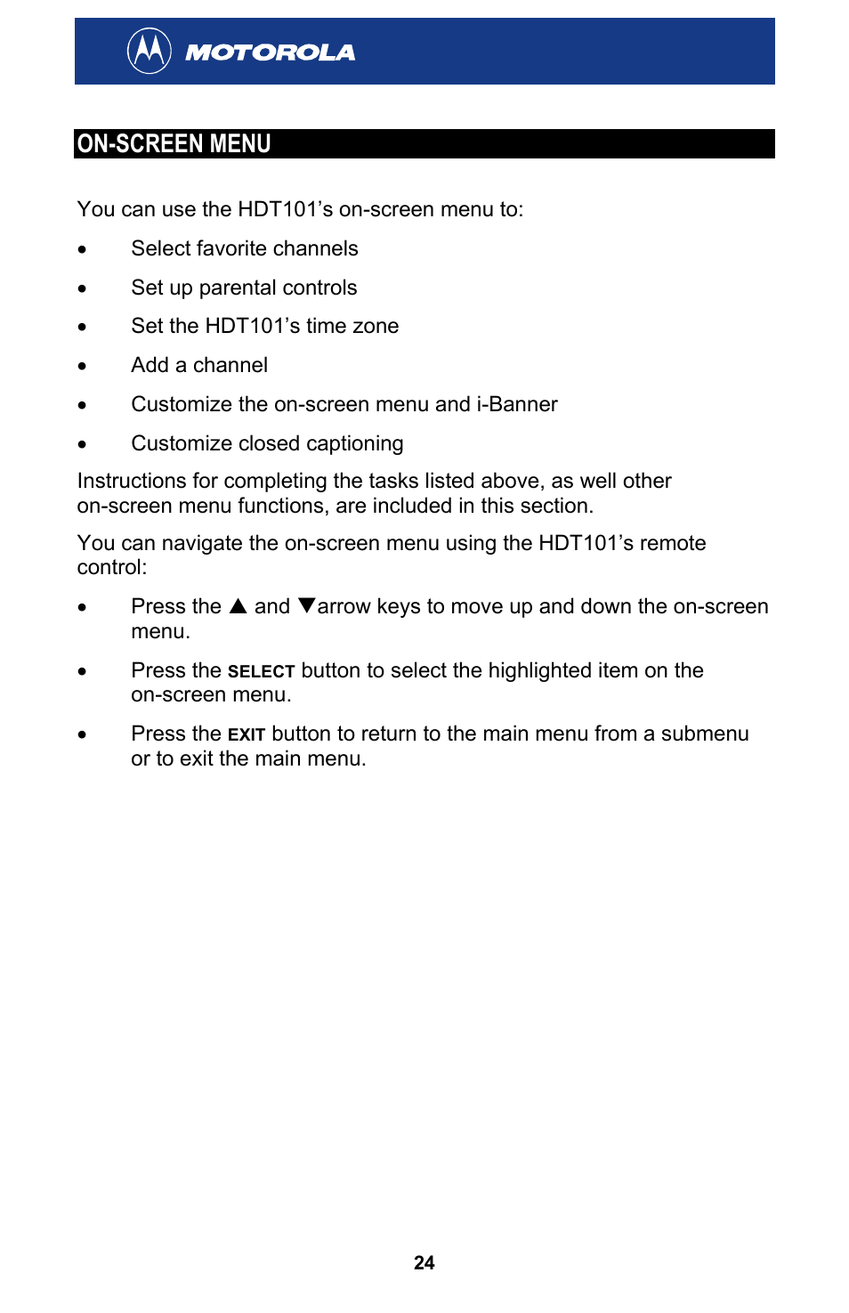 On-screen menu | Motorola HDT101 User Manual | Page 30 / 54