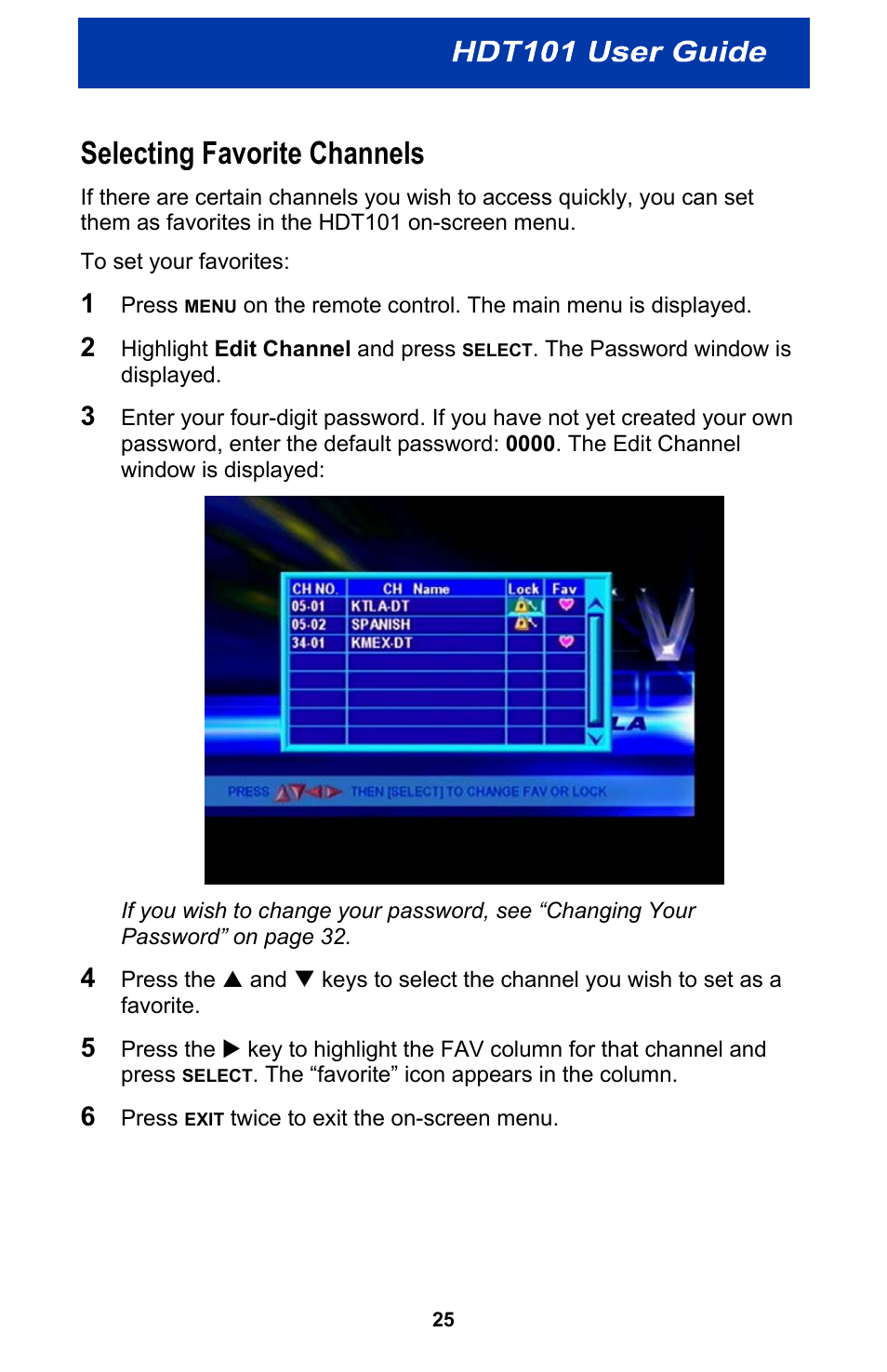 Selecting favorite channels | Motorola HDT101 User Manual | Page 31 / 54