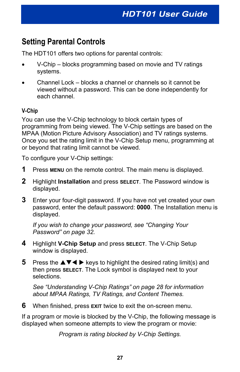 Setting parental controls, V-chip | Motorola HDT101 User Manual | Page 33 / 54