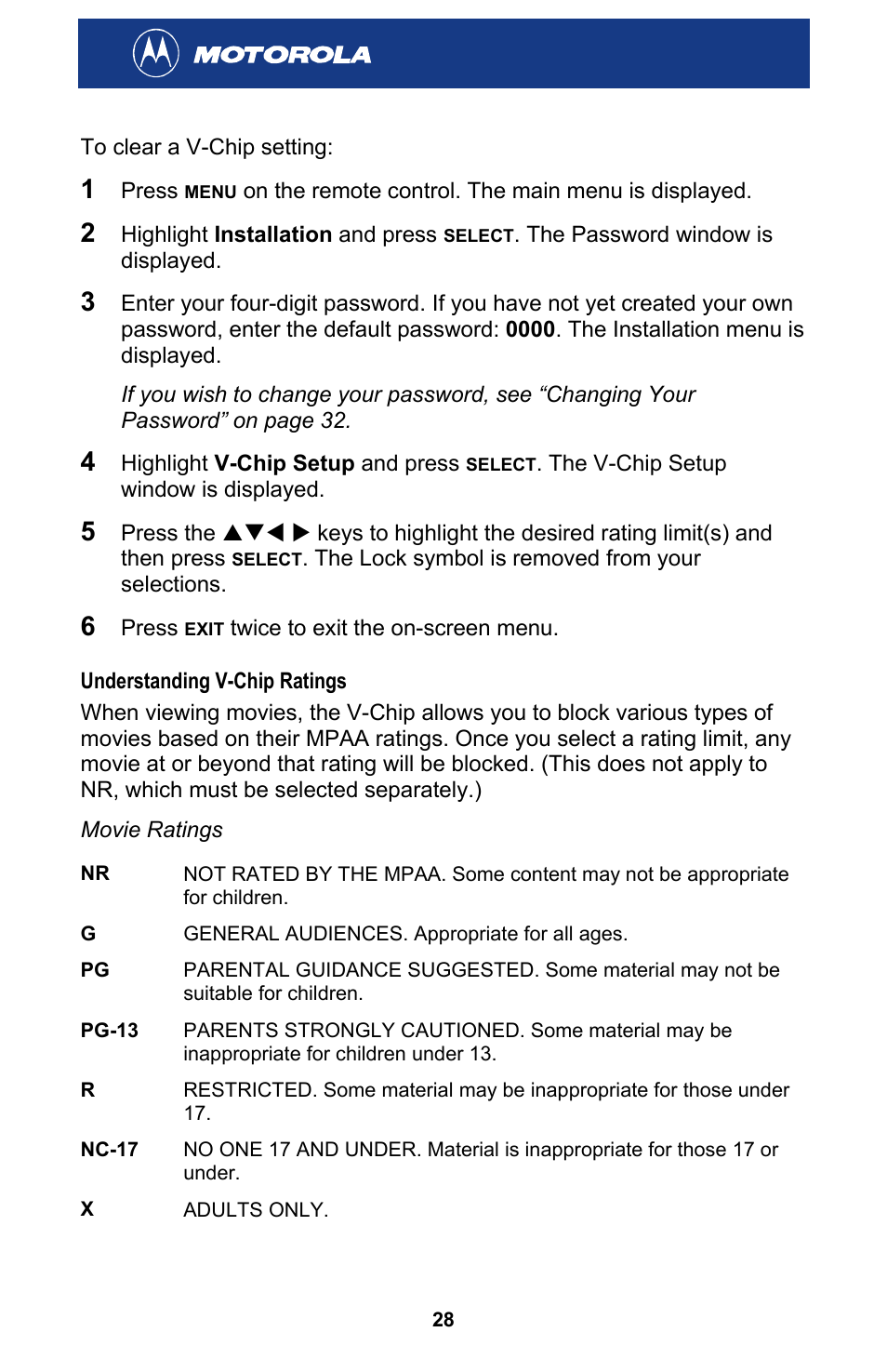 Understanding v-chip ratings, Movie ratings | Motorola HDT101 User Manual | Page 34 / 54