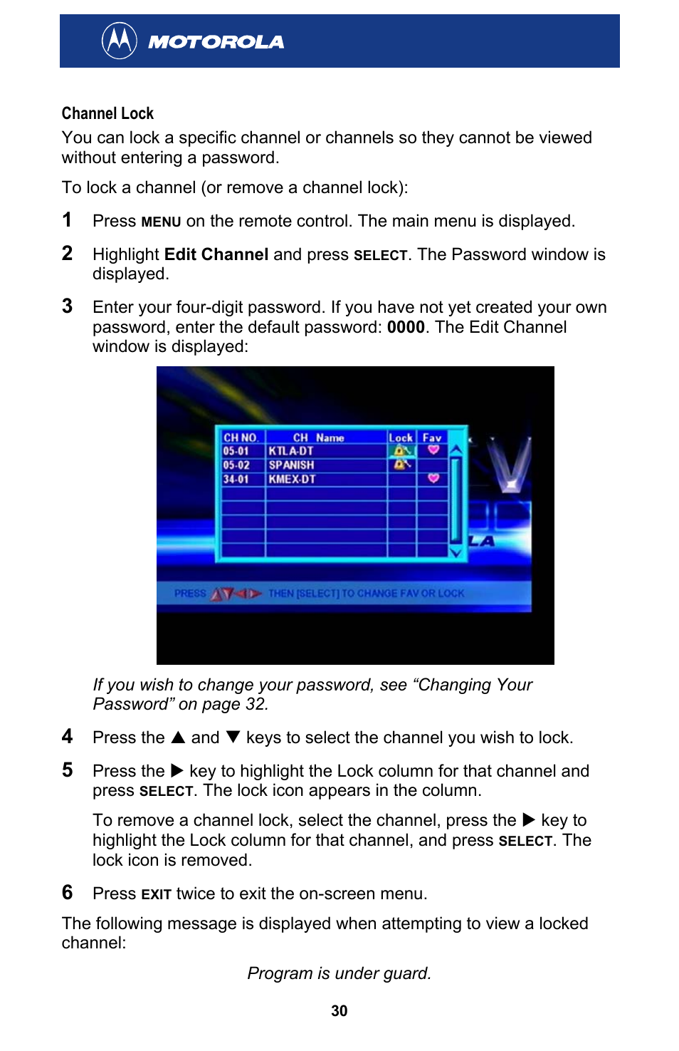 Channel lock | Motorola HDT101 User Manual | Page 36 / 54