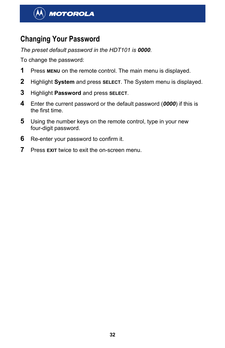 Changing your password | Motorola HDT101 User Manual | Page 38 / 54